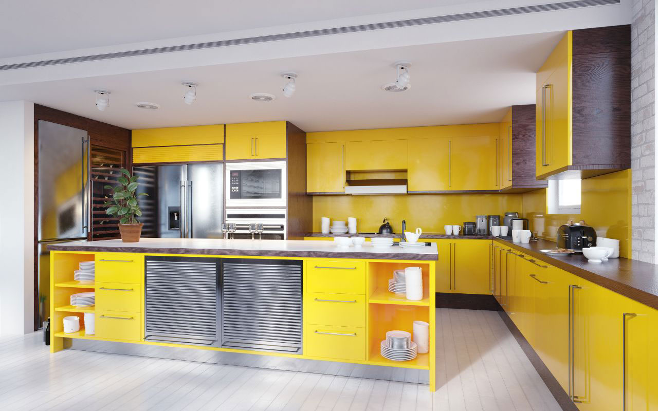 Bright kitchen with vibrant yellow paint color.